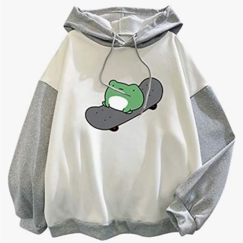 🌴 Cute Frog Skateboard Hoodie White Gray Size M